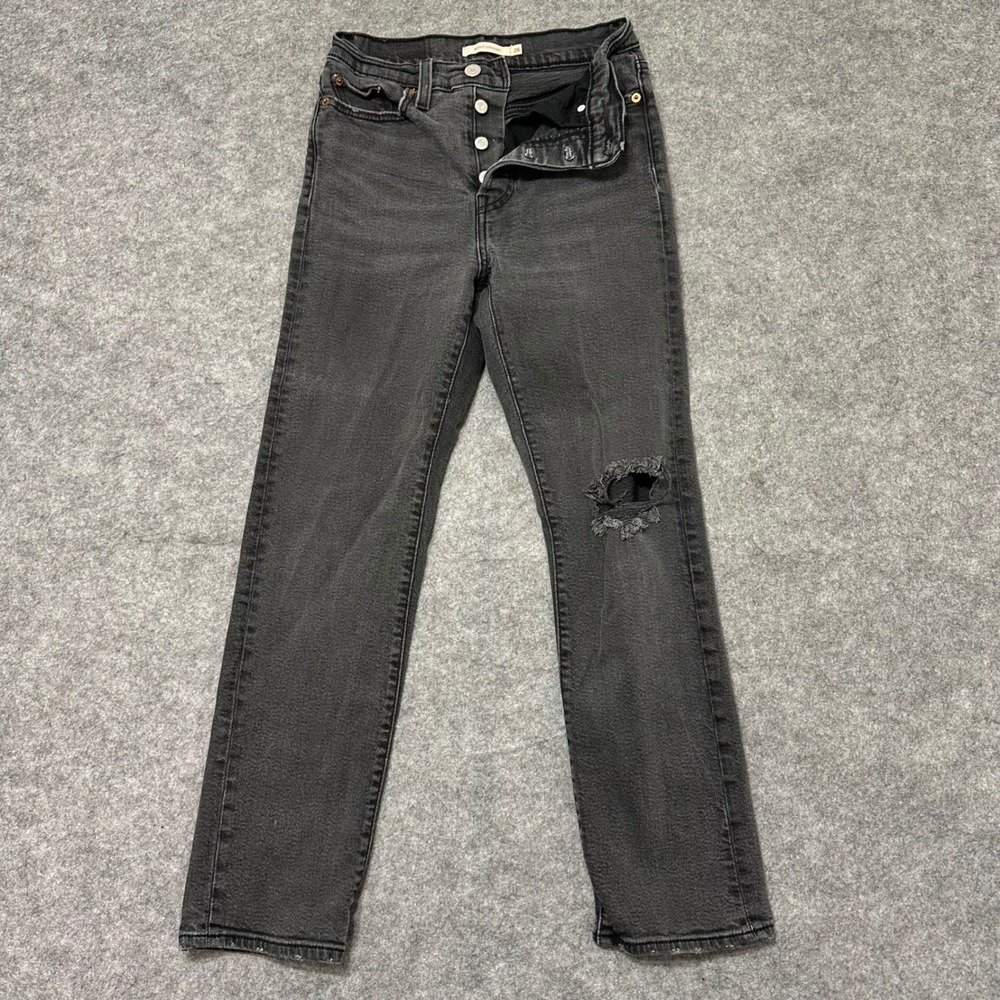 Levi's Wedgie Straight Jeans Women 26 Gray Distressed High Rise Button Fly Denim